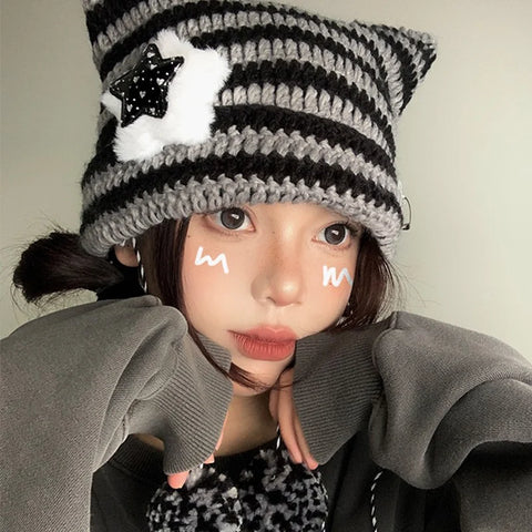 Y2K Fluffy Star Striped Beanie