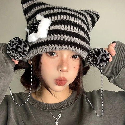 Y2K Fluffy Star Striped Beanie