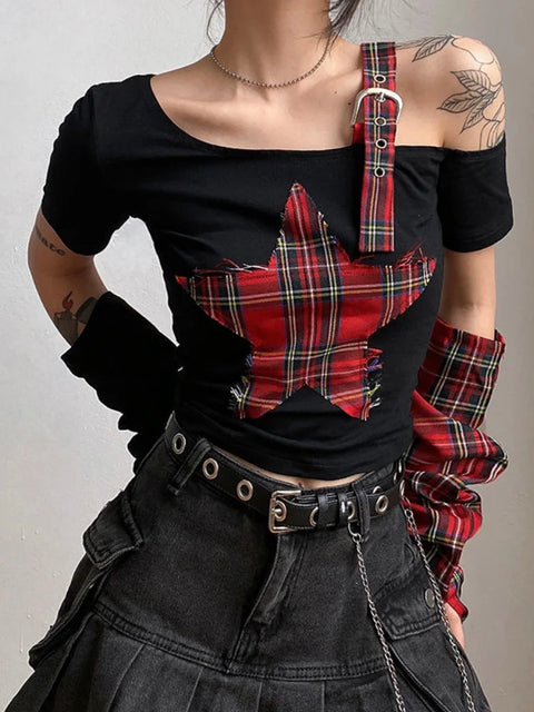 Y2K Grunge Plaid Star Patch Top