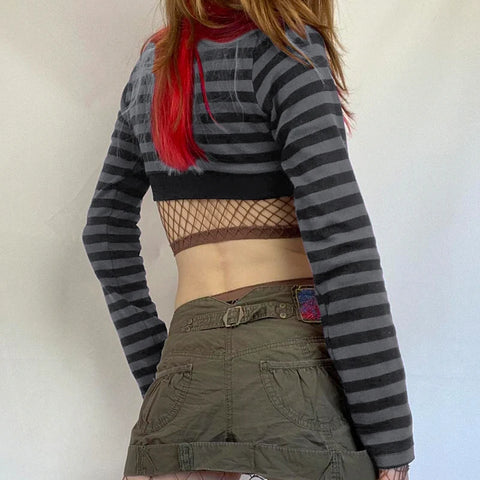 Y2K Grunge Striped Crop Cardigan