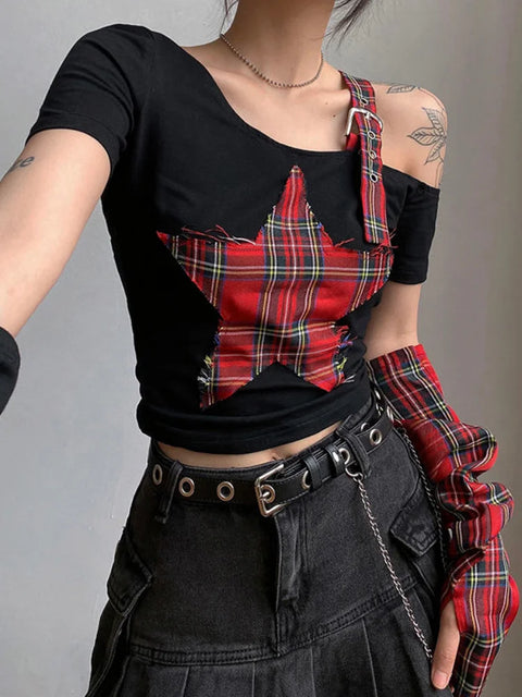 Y2K Grunge Plaid Star Patch Top