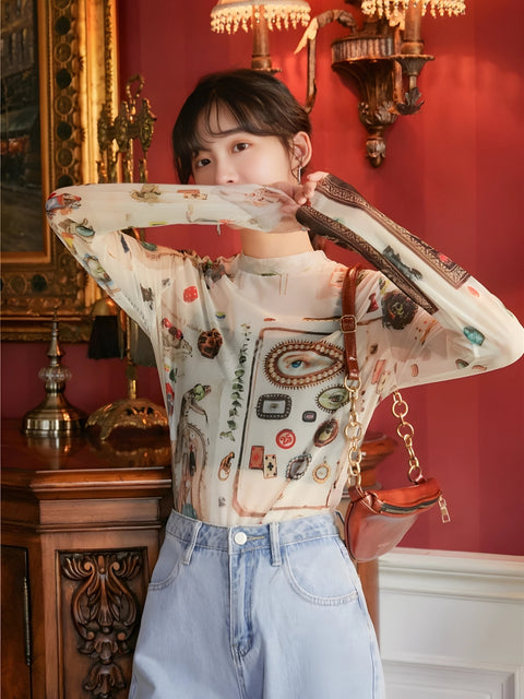 Y2K Abstract Art Mesh Top