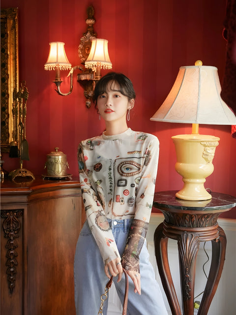 Y2K Abstract Art Mesh Top