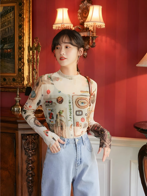 Y2K Abstract Art Mesh Top