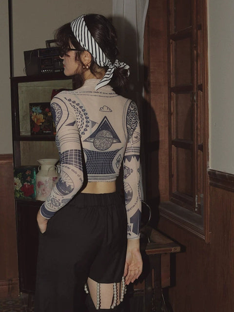 Y2K Ancient Symbols Mesh Top