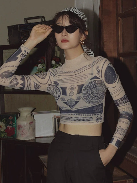 Y2K Ancient Symbols Mesh Top