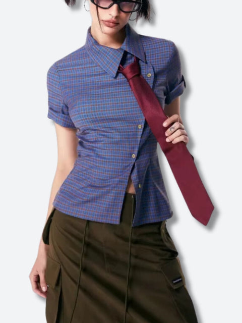 Y2K Asymmetric Button-Up Plaid Shirt