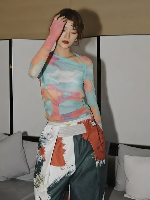 Y2K Asymmetric Neckline Mesh Top