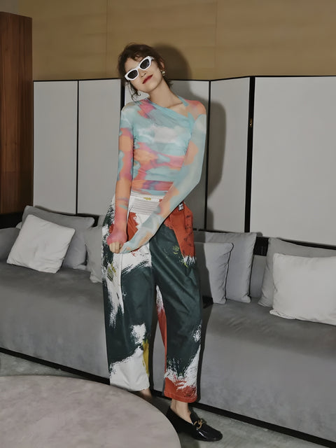 Y2K Asymmetric Neckline Mesh Top