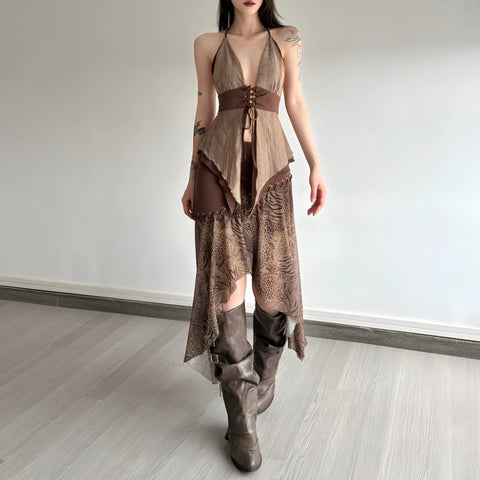 Y2K Boho Asymmetrical Two Piece Set