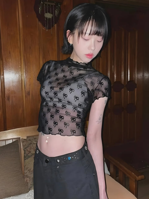 Y2K Bow Sheer Mesh Top