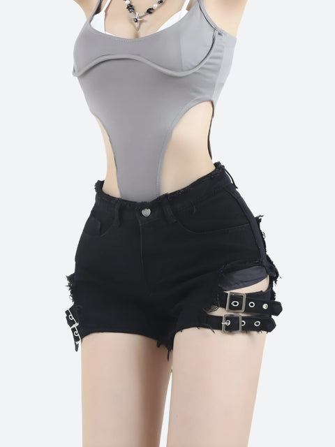 Y2K Buckle Strap Denim Shorts