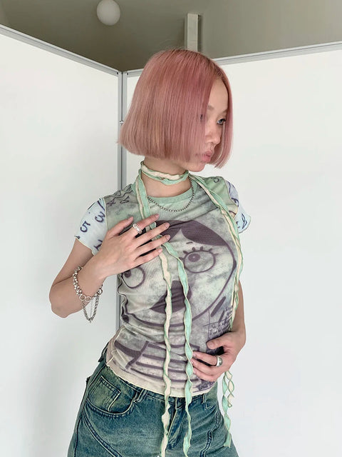 Y2K Cartoon Girl Mesh Top