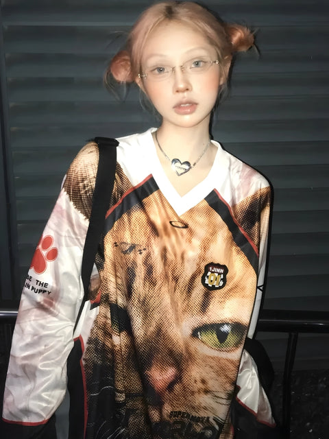 Y2K Cat Jersey Top