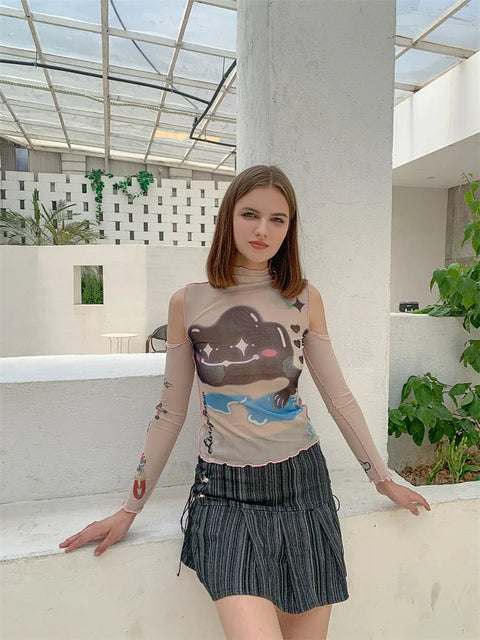 Y2K Cloud Cut Out Mesh Top