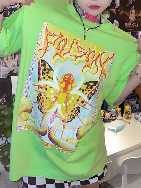 Y2K Cyber Butterfly Neon Tee