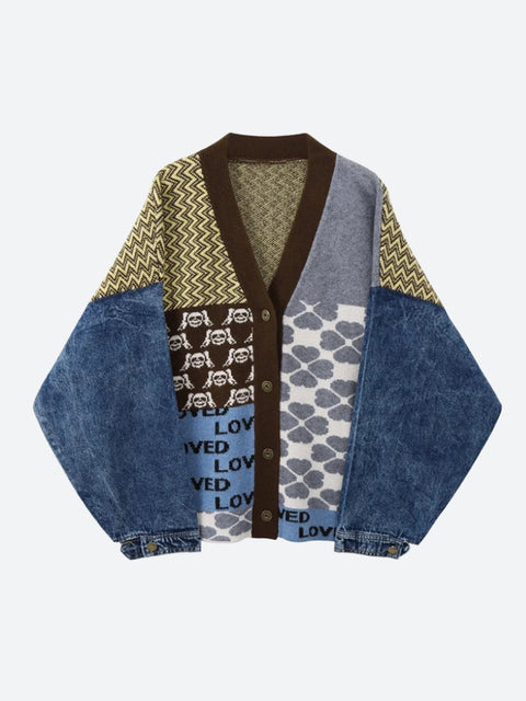 Y2K Denim Sleeve Knitted Cardigan