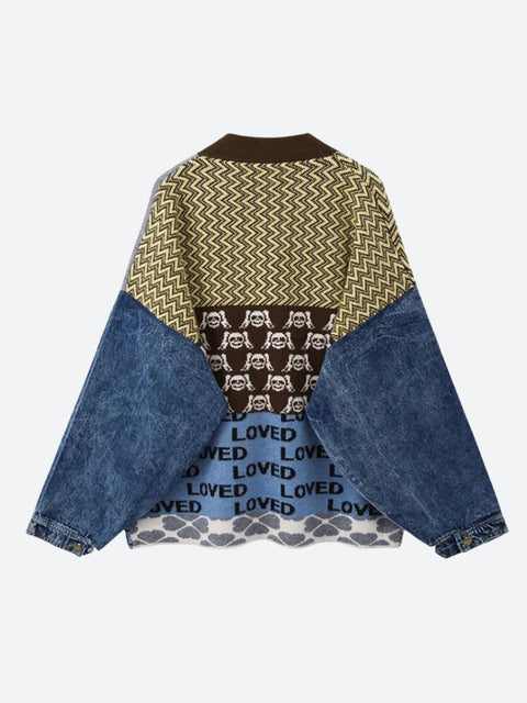 Y2K Denim Sleeve Knitted Cardigan