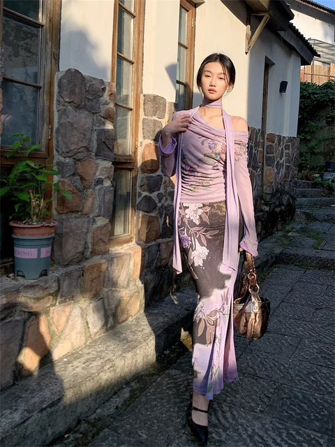 Y2K Fairy Floral Top & Maxi Skirt Two Piece Set