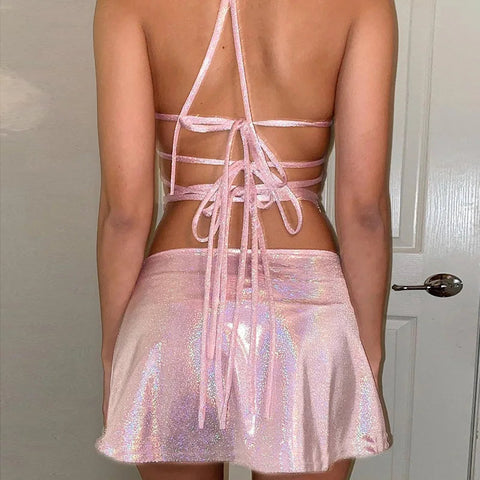 Y2K Fairy Metallic Lace-Up Mini Dress