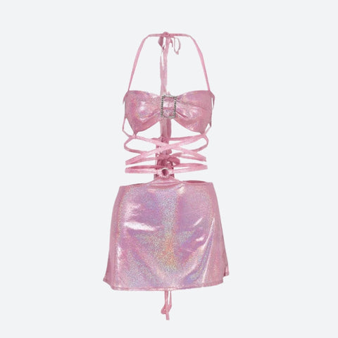 Y2K Fairy Metallic Lace-Up Mini Dress