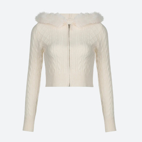 Y2K Faux Fur Hooded Knitted Cardigan