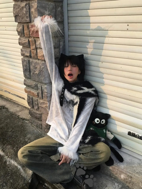 Y2K Faux Fur One Shoulder Top