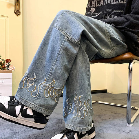 Y2K Flame Embroidered Denim Jeans