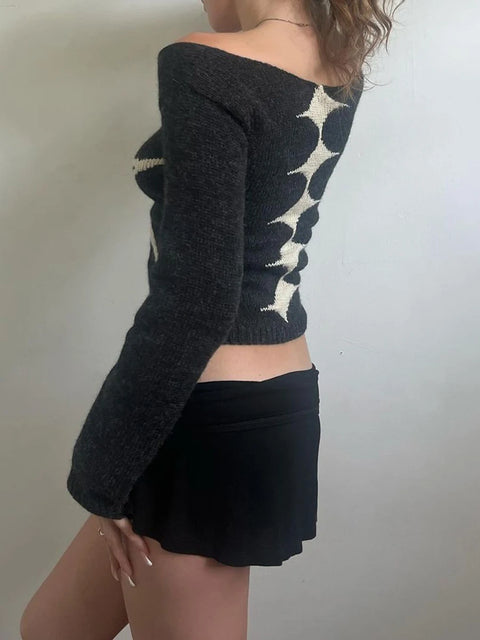 Y2K Floral Off Shoulder Knitted Sweater