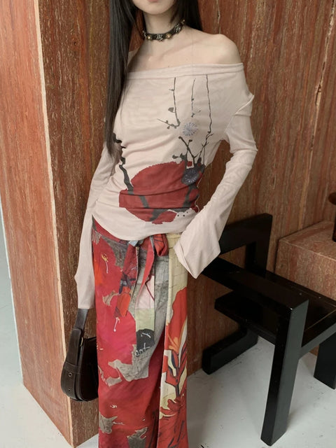 Y2K Floral Off Shoulder Mesh Top
