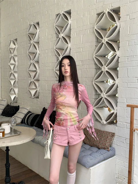 Y2K Floral Ruffled Cuff Top