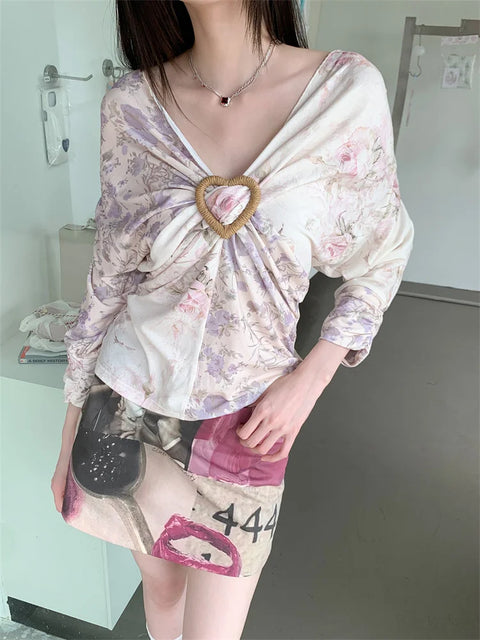 Y2K Floral V Neck Top