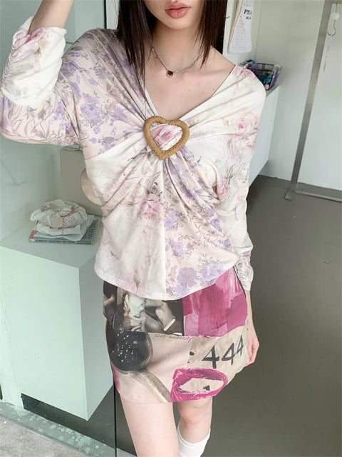 Y2K Floral V Neck Top