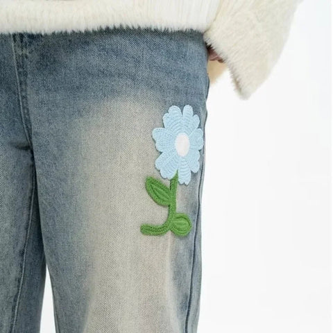 Y2K Flower Embroidered Denim Jeans