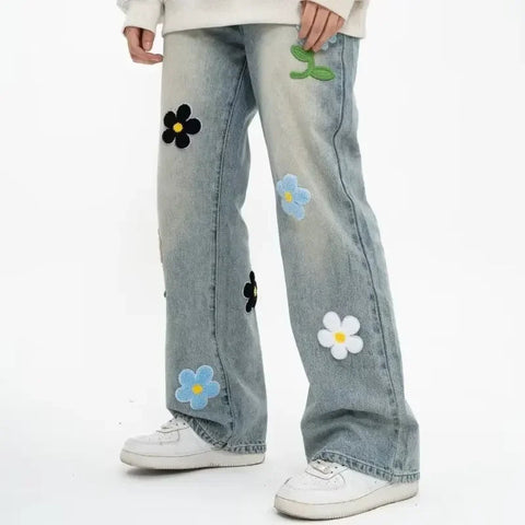 Y2K Flower Embroidered Denim Jeans