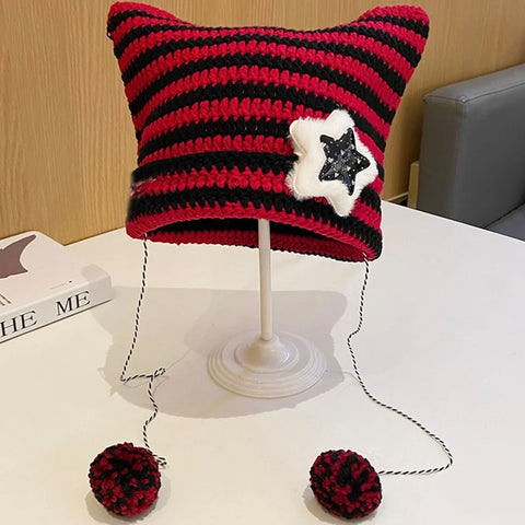 Y2K Fluffy Star Striped Beanie