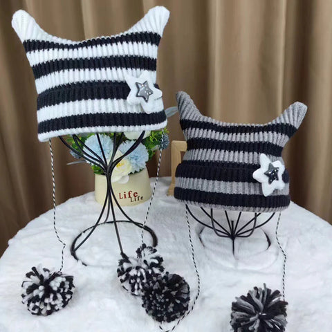 Y2K Fluffy Star Striped Beanie
