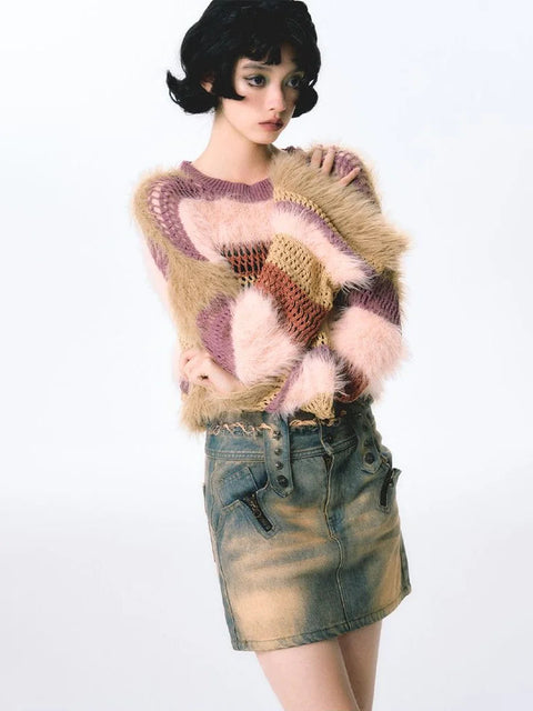 Y2K Fuzzy Crochet Crop Sweater