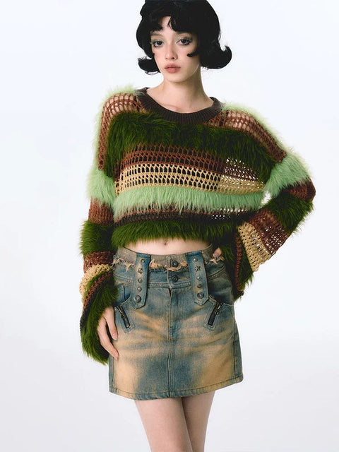 Y2K Fuzzy Crochet Crop Sweater