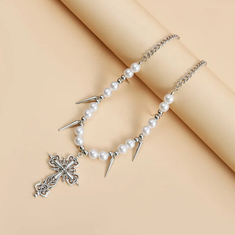 Y2K Goth Cross Pearl Necklace