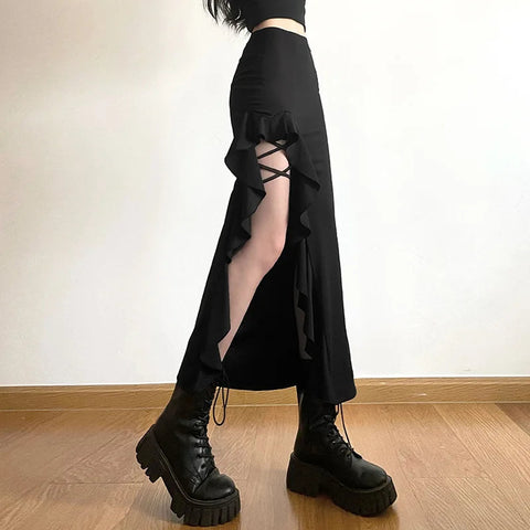 Y2K Goth Ruffled Slit Midi Skirt