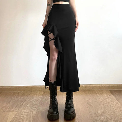 Y2K Goth Ruffled Slit Midi Skirt