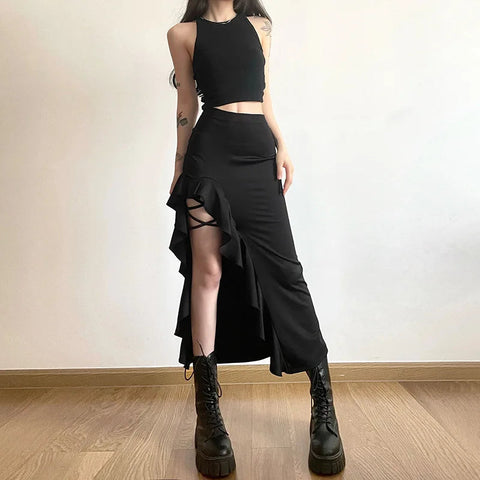 Y2K Goth Ruffled Slit Midi Skirt