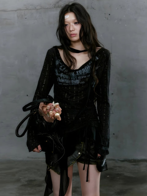 Y2K Gothic Asymmetric Ruched Top