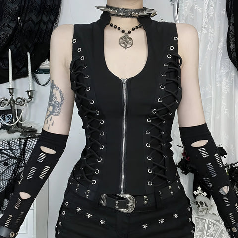 Y2K Gothic Eyelet Lace-Up Top
