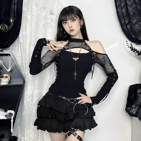 Y2K Gothic Fishnet Buckle Mesh Top
