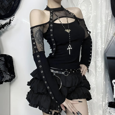 Y2K Gothic Fishnet Buckle Mesh Top