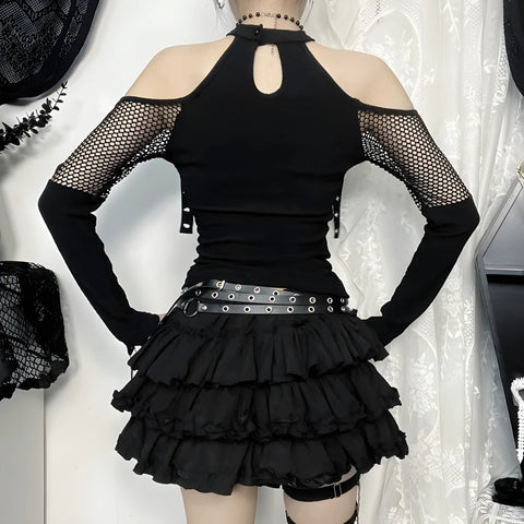 Y2K Gothic Fishnet Buckle Mesh Top
