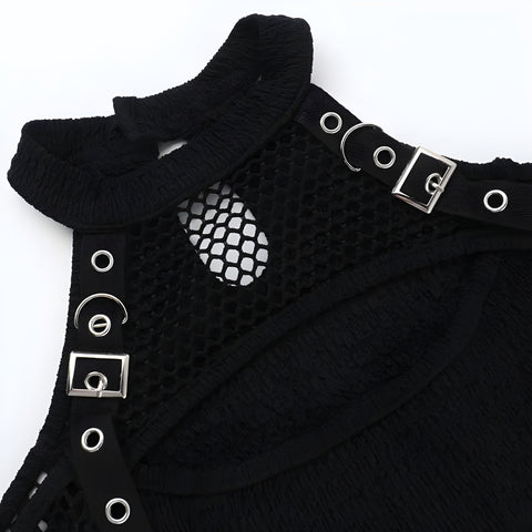 Y2K Gothic Fishnet Buckle Mesh Top