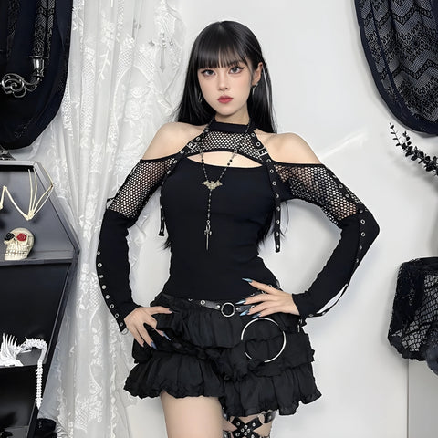 Y2K Gothic Fishnet Buckle Mesh Top